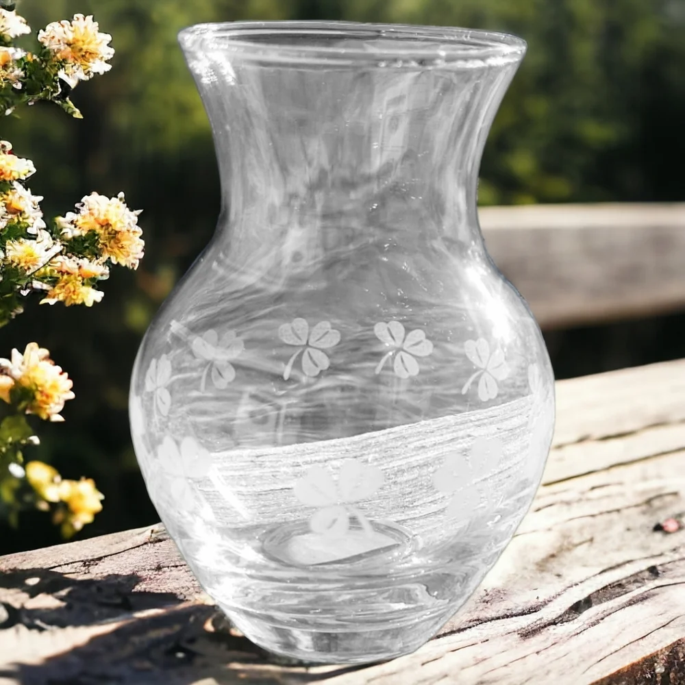 Vtg Blown Crystal Clear Glass Industries German Vase Clover St Patrick's Day